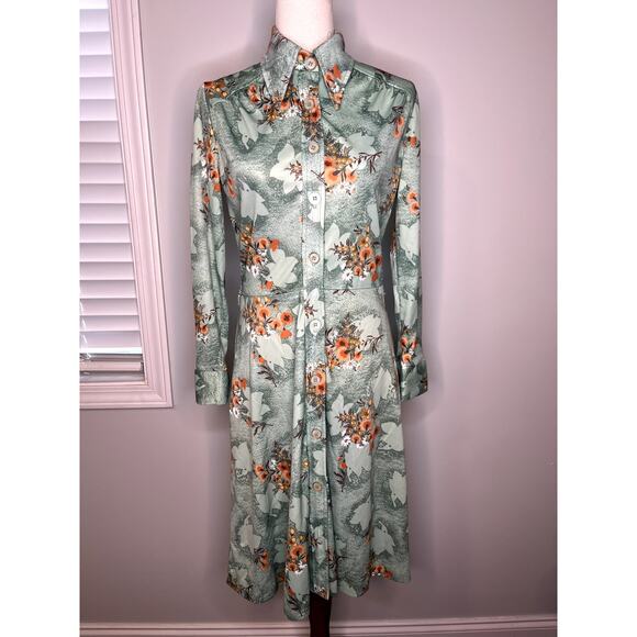 1970s Montgomery Ward Orange Mint Green Fall Floral Dagger Collar Disco Dress M - Picture 1 of 10